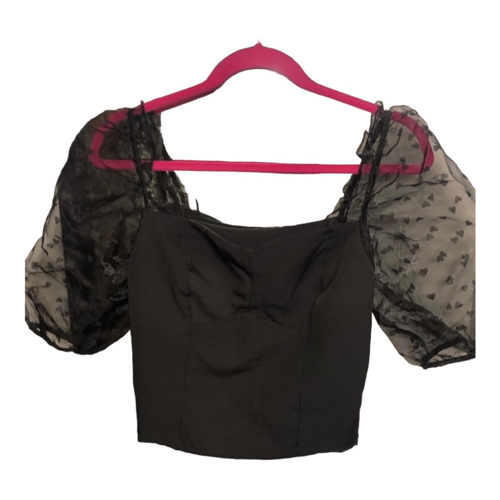 Bela Eva size large black  cropped sheer puff sleeve on or off shoulder side zip
